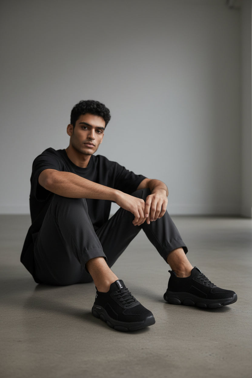 Man wearing black sneakers sitting on a gray floor with a neutral background. Maklinit, Monza Outlet, Monza Fashion, Shein Outlet