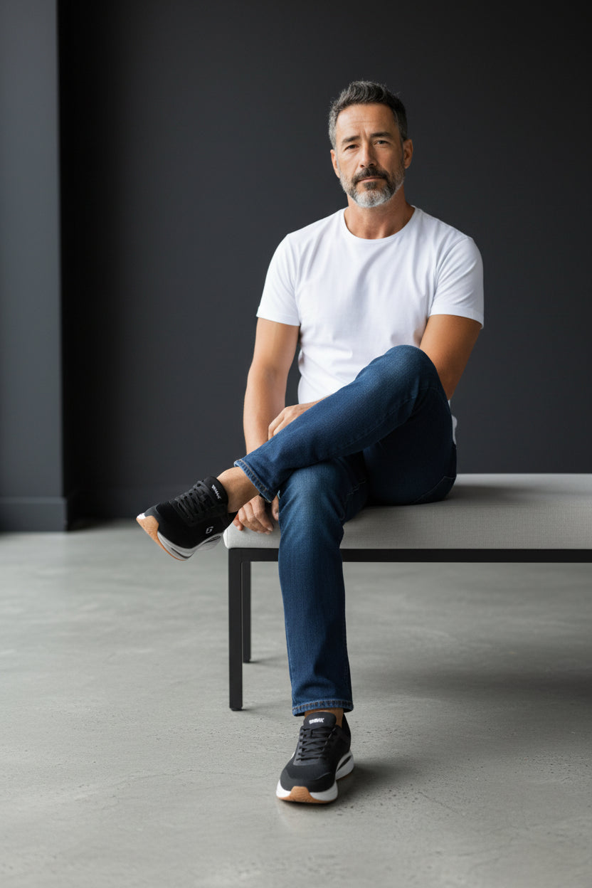 Man sitting on a bench wearing a white t-shirt, blue jeans, and black shoes against a dark gray background. Maklinit, Monza Outlet, Monza Fashion, Shein Outlet