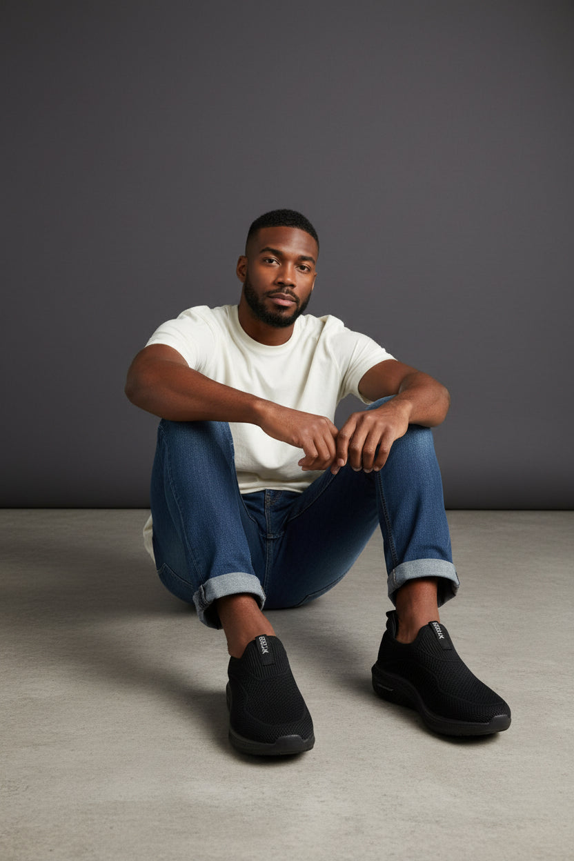 Man sitting on the floor wearing a white t-shirt, blue jeans, and black shoes against a gray background. Maklinit, Monza Outlet, Monza Fashion, Shein Outlet