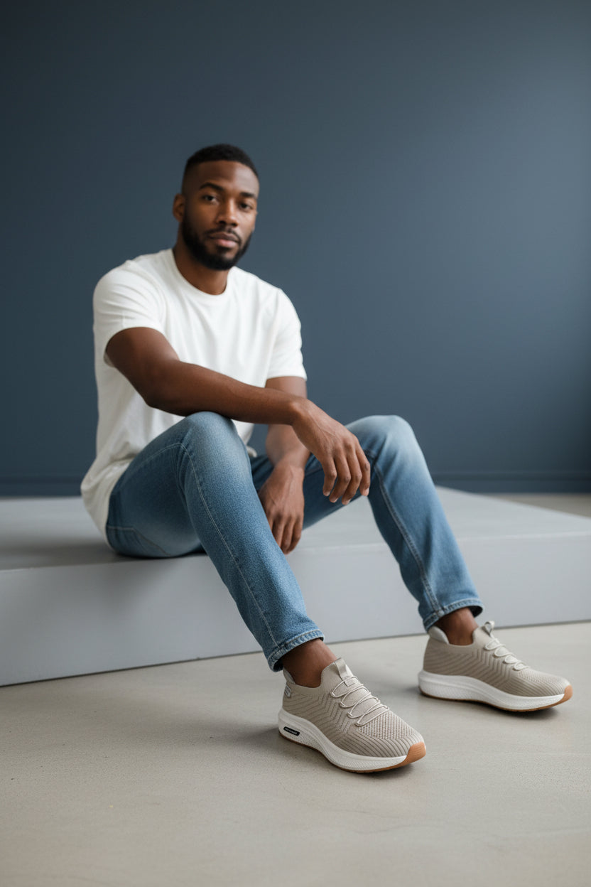 Man sitting on a ledge wearing a white t-shirt, blue jeans, and gray sneakers against a gray background. Maklinit, Monza Outlet, Monza Fashion, Shein Outlet