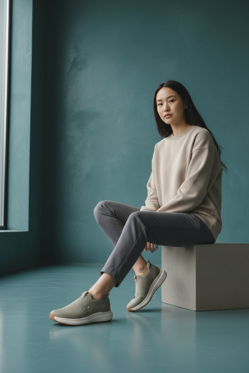 Woman sitting on a block against a teal wall wearing a beige sweater and gray pants. Maklinit, Monza Outlet, Monza Fashion, Shein Outlet