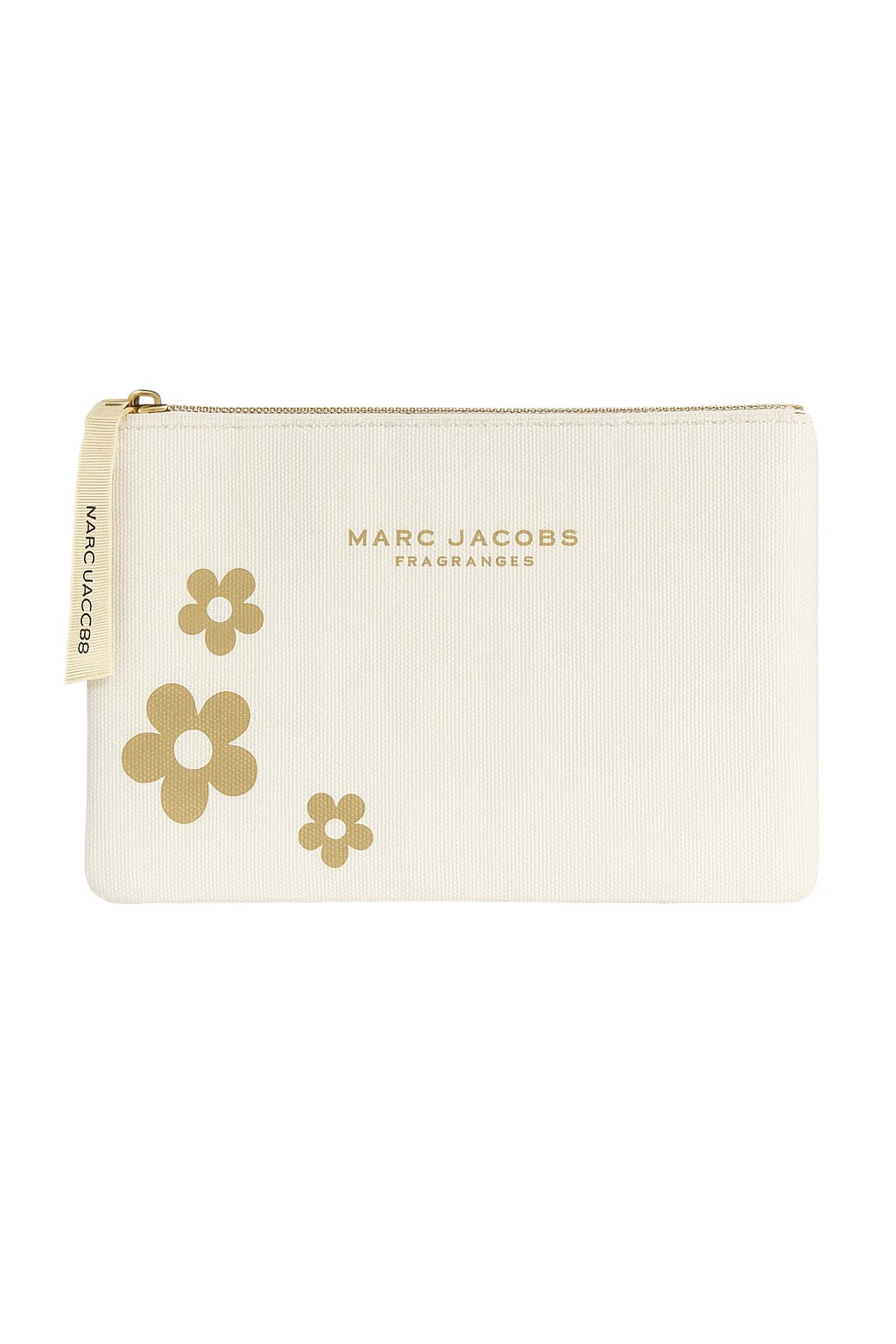 White pouch with gold floral designs and Marc Jacobs branding on a white background Marc Jacobs Monza Outlet