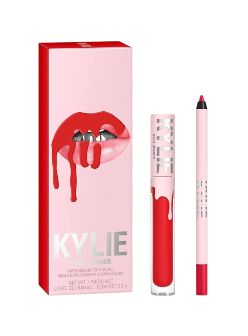 Kylie lip kit with red lipstick and applicator on a white background Kylie Cosmetics Monza Outlet