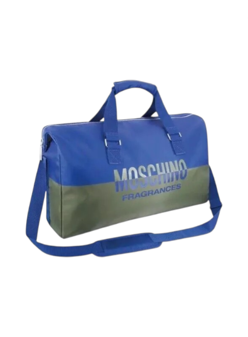 Blue and gray duffel bag with Moschino Fragrances branding on a white background Moschino Monza Outlet