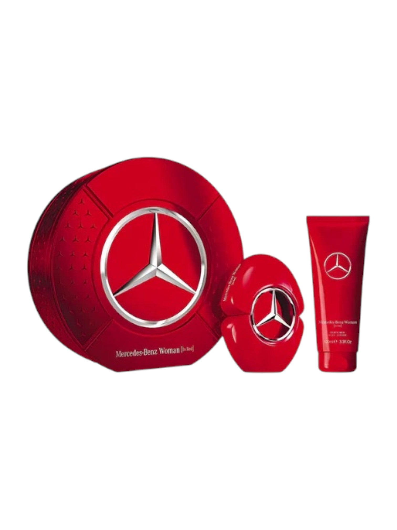Mercedes-Benz women's perfume set with red bottles and silver logo on a white background. Mercedes-Benz, Monza Outlet, Monza Fashion, Shein Outlet