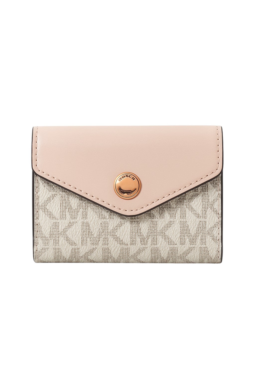 Two-tone wallet with pink top flap and patterned body on a white background Michael Kors Monza Outlet