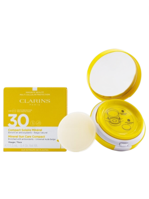 Clarins sunscreen compact with packaging on a white background monza outlet, Shein outlet, monza fashion