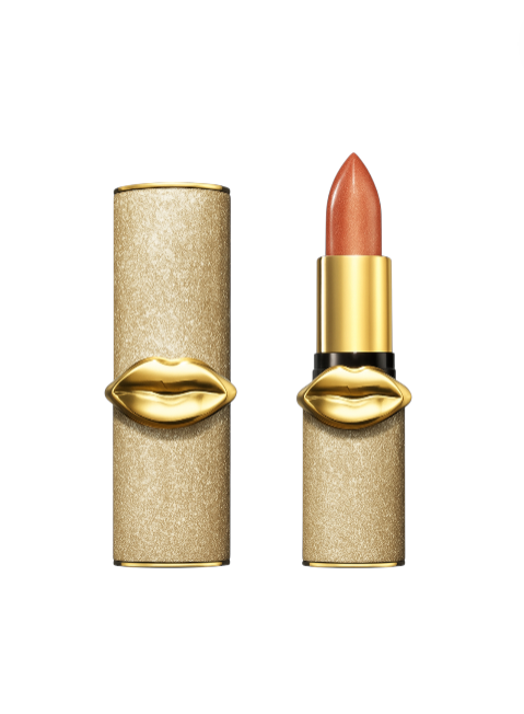 Lipstick with gold cap and beige casing on a white background. Pat McGrath Labs Monza Outlet