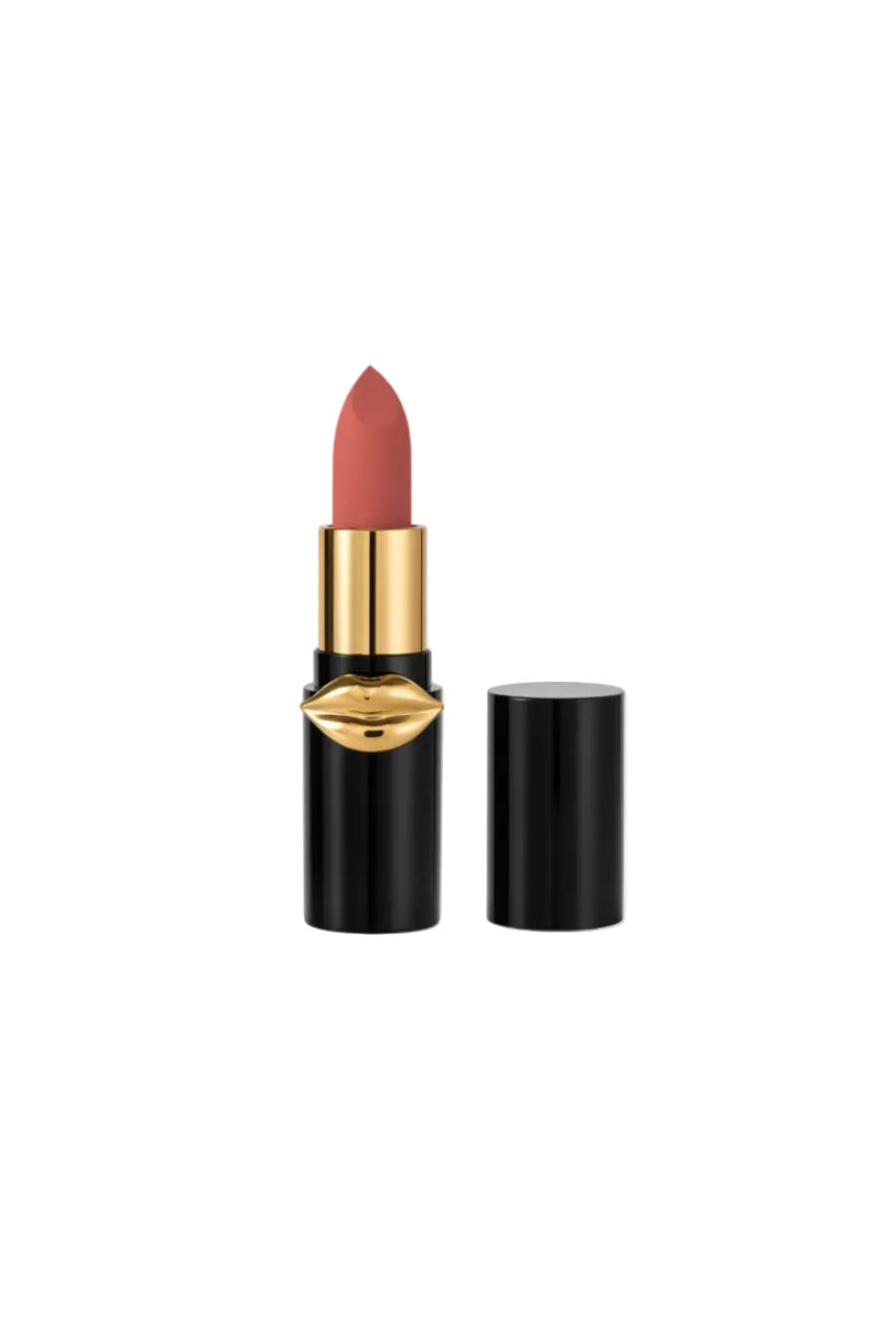 Lipstick with gold cap and black casing on a white background. Pat McGrath Labs Monza Outlet