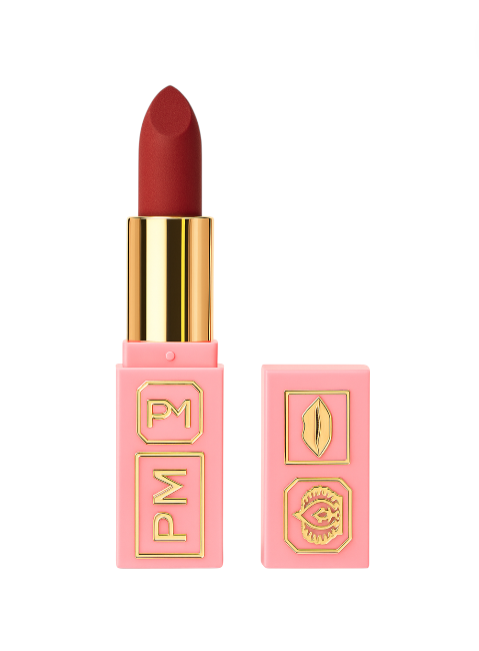 Pink lipstick with gold accents on a white background. Pat McGrath Labs Monza Outlet
