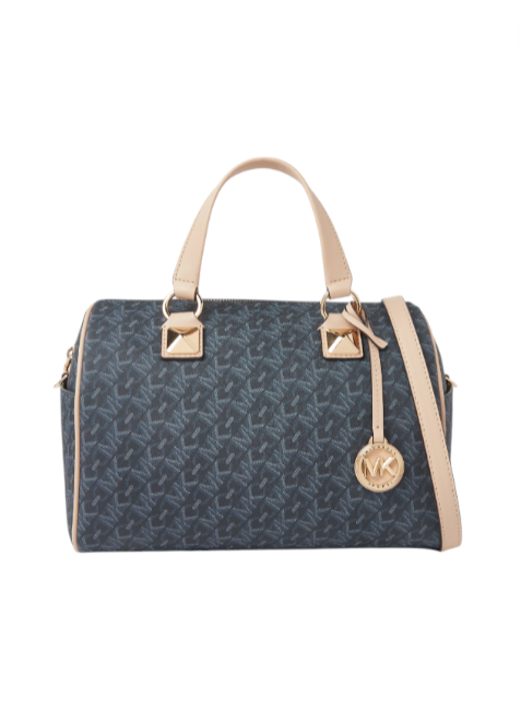 Blue handbag with beige accents and gold hardware on a white background monza outlet, Shein outlet, monza fashion