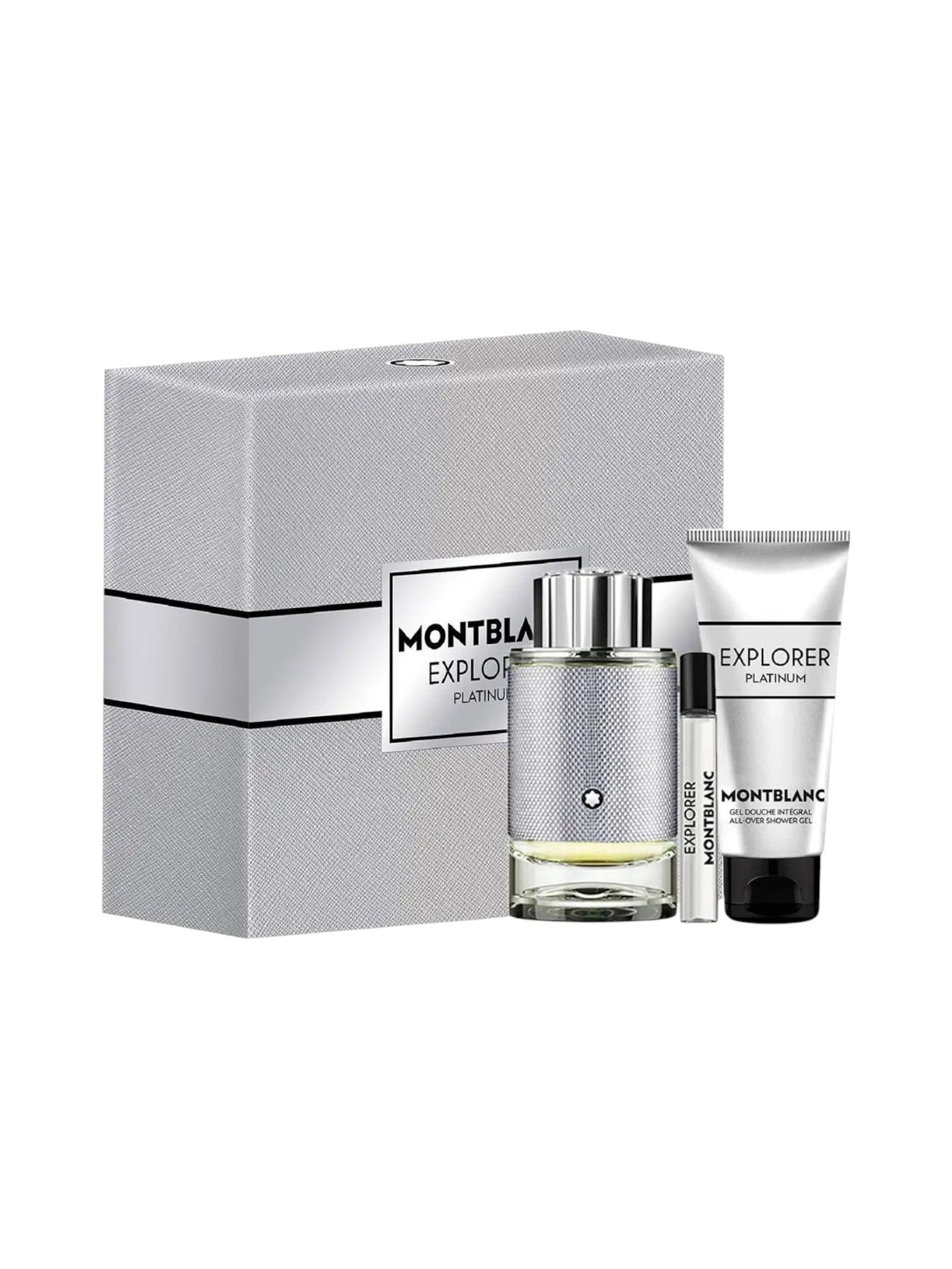 Montblanc Explorer Platinum perfume set with bottle and tube in a gray box on a white background monza outlet, Shein outlet, monza fashion