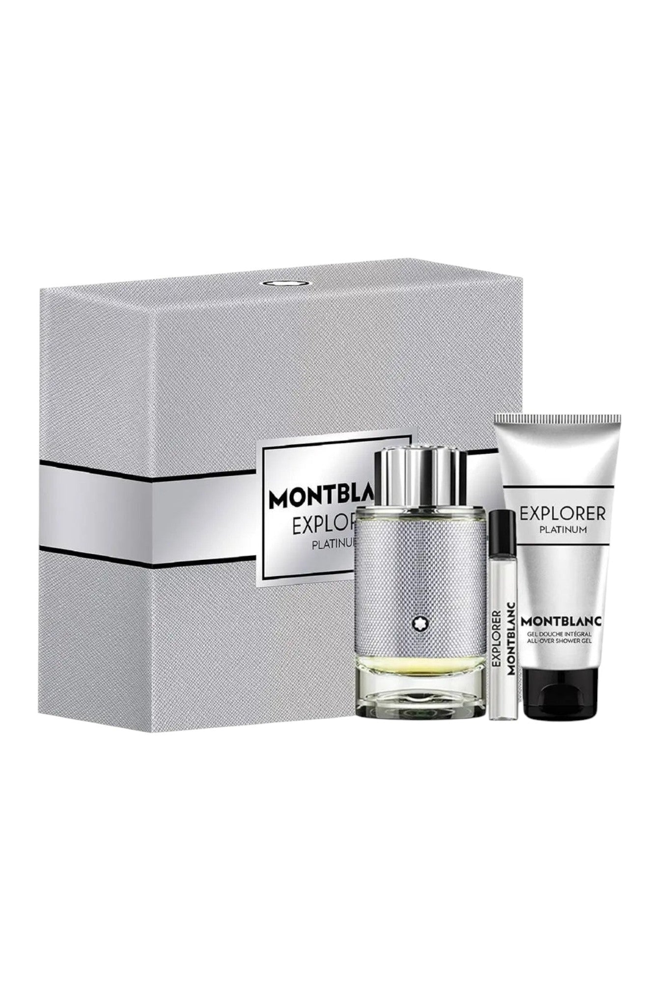 Montblanc Explorer Platinum perfume set with bottle and tube in a gray box on a white background monza outlet, Shein outlet, monza fashion