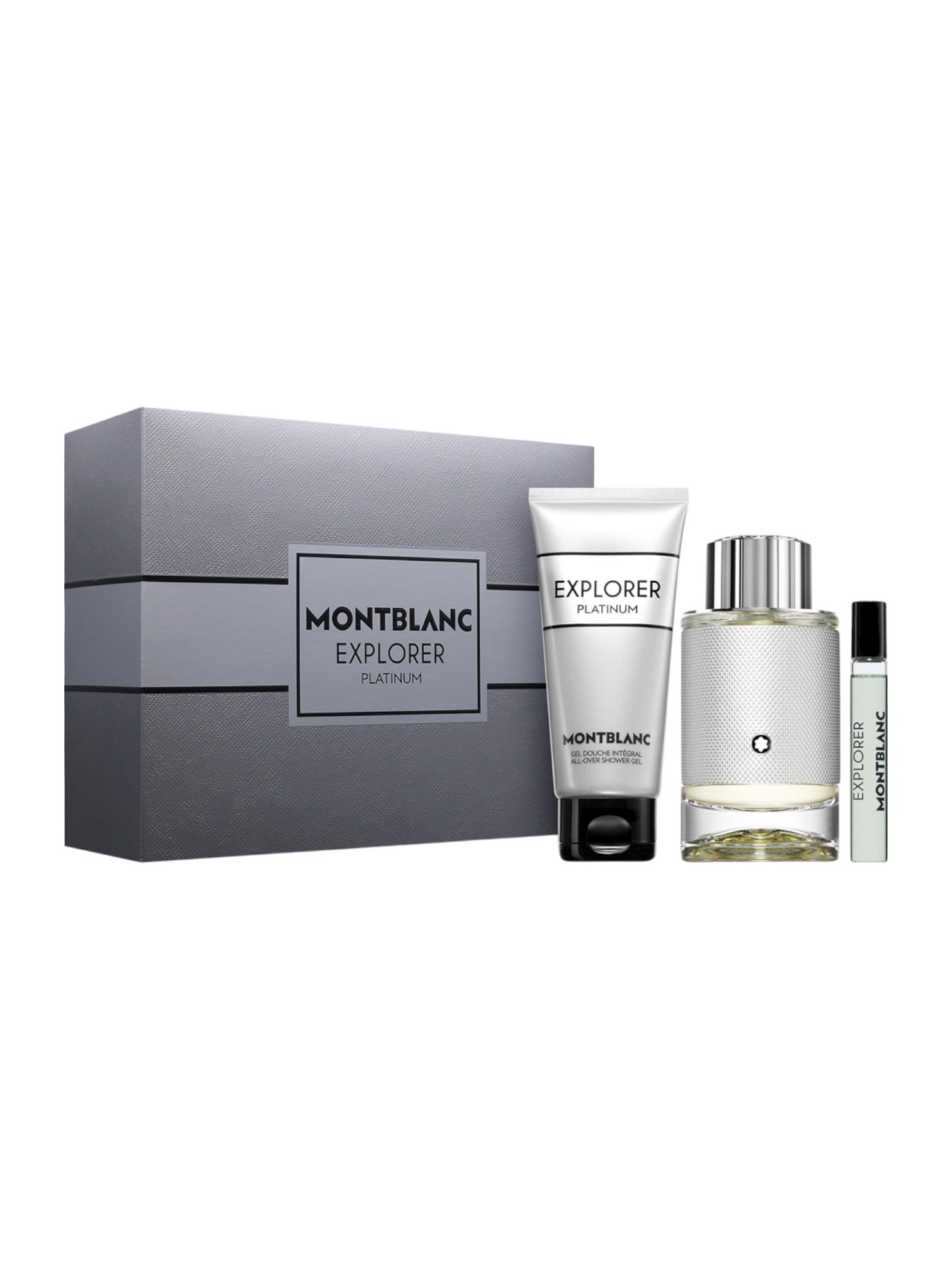 Montblanc Explorer Platinum perfume set with box on a white background. Montblanc, Monza Outlet, Monza Fashion, Shein Outlet