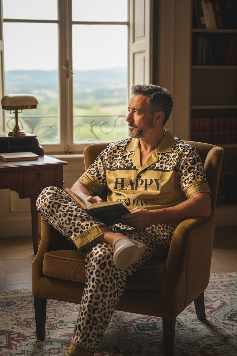 Man sitting in a chair reading a book in a room with large windows and bookshelves. Monza Italy, Monza Outlet, Monza Fashion, Shein Outlet