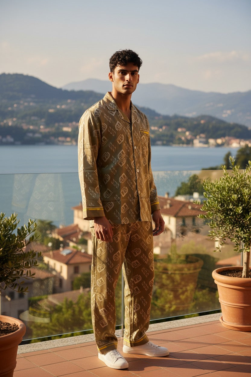 Man in patterned outfit standing on a balcony with a scenic view of a lake and mountains. Monza Italy, Monza Outlet, Monza Fashion, Shein Outlet