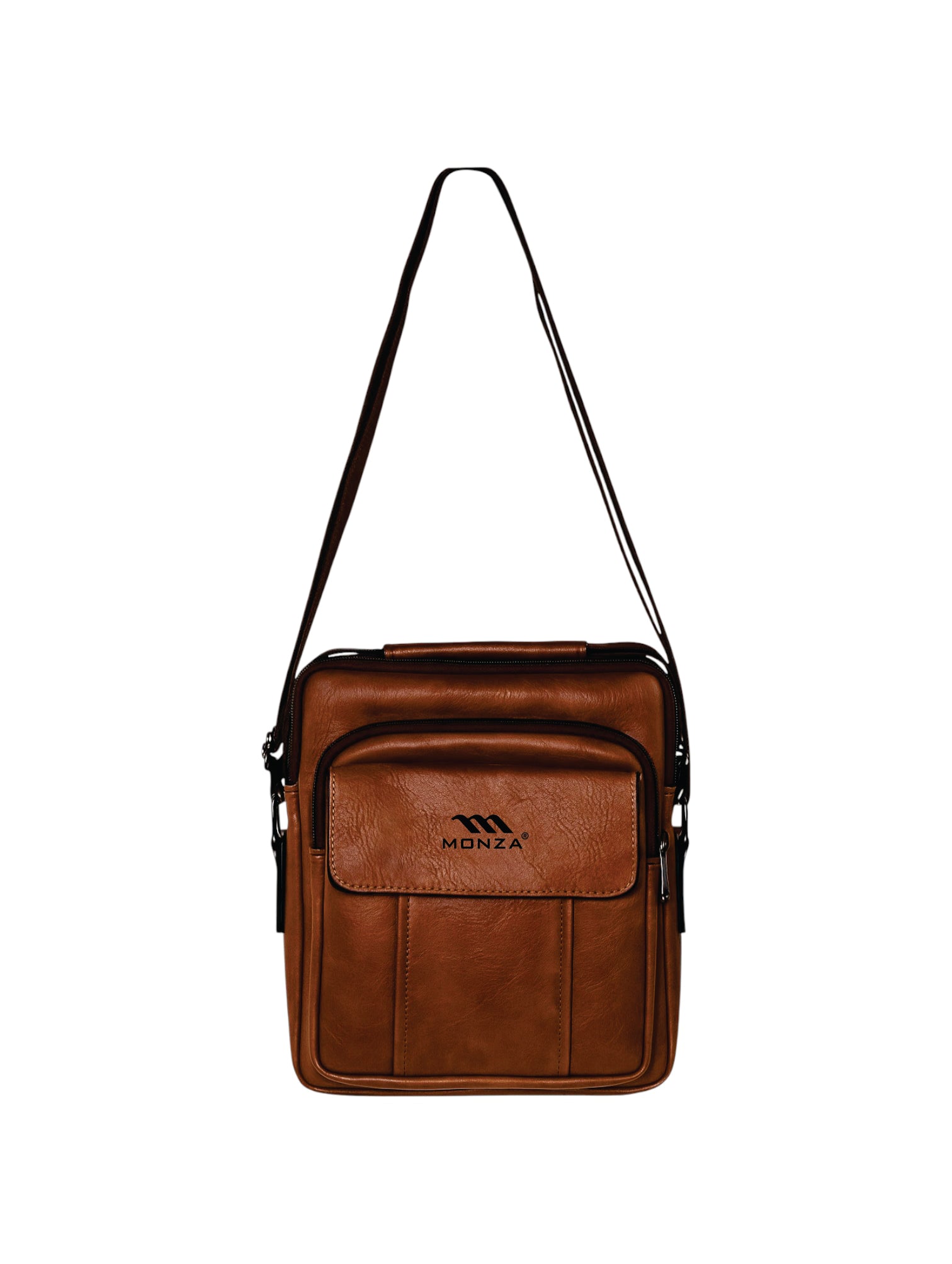Brown leather crossbody bag with a visible brand logo on a white background Monza Outlet