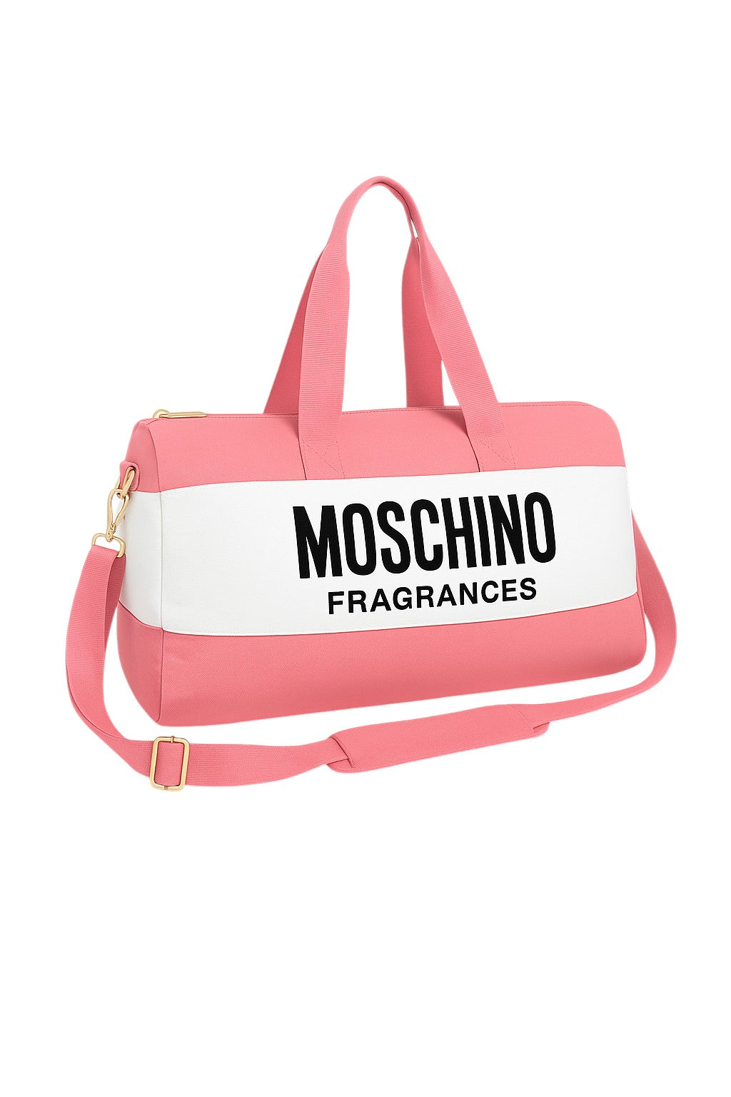 Pink duffel bag with Moschino Fragrances logo on a white background Moschino Monza Outlet