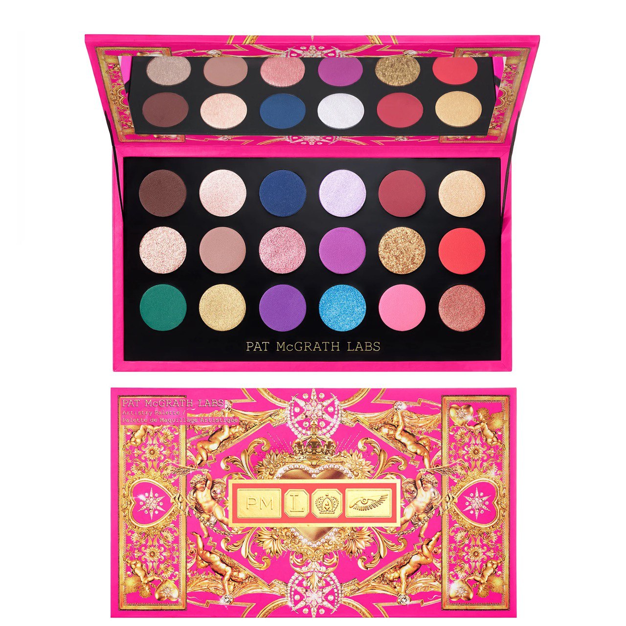 Eye shadow palette by Pat McGrath Labs with various shades displayed in a fan-like arrangement, encased in a pink box with gold decorative elements. Monza Outlet