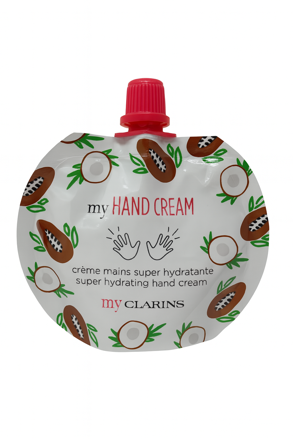 Clarins hand cream packaging with a red pump on a white background monza outlet, Shein outlet, monza fashion