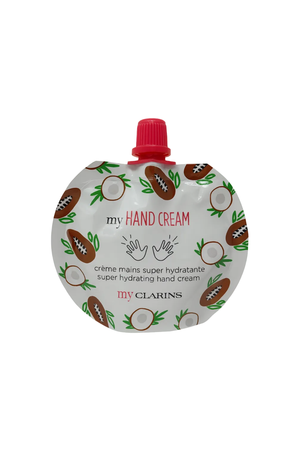 Clarins hand cream packaging with a red pump on a white background monza outlet, Shein outlet, monza fashion