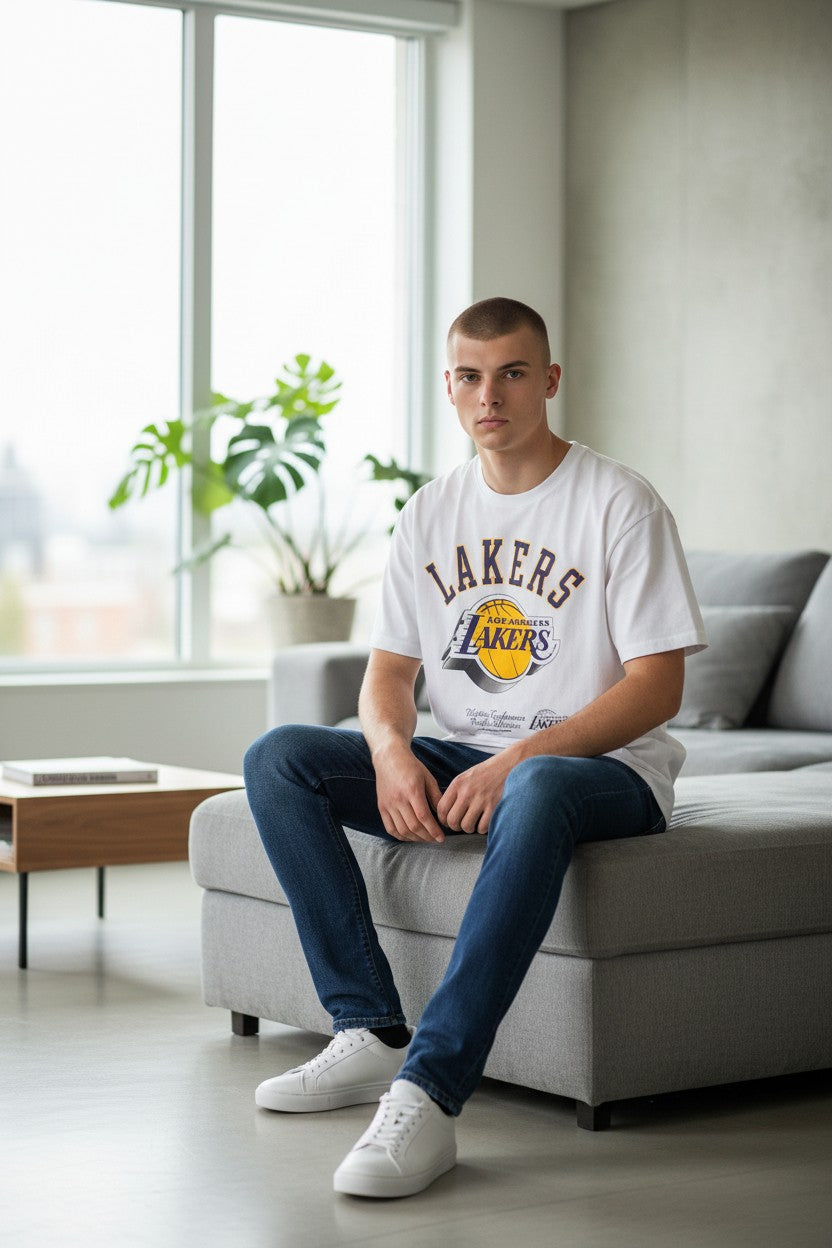 A man sitting on a light gray sofa in a modern living room, wearing a white Los Angeles Lakers graphic t-shirt, dark blue jeans, and white sneakers. NBA, Monza Outlet, Monza Fashion, Shein Outlet