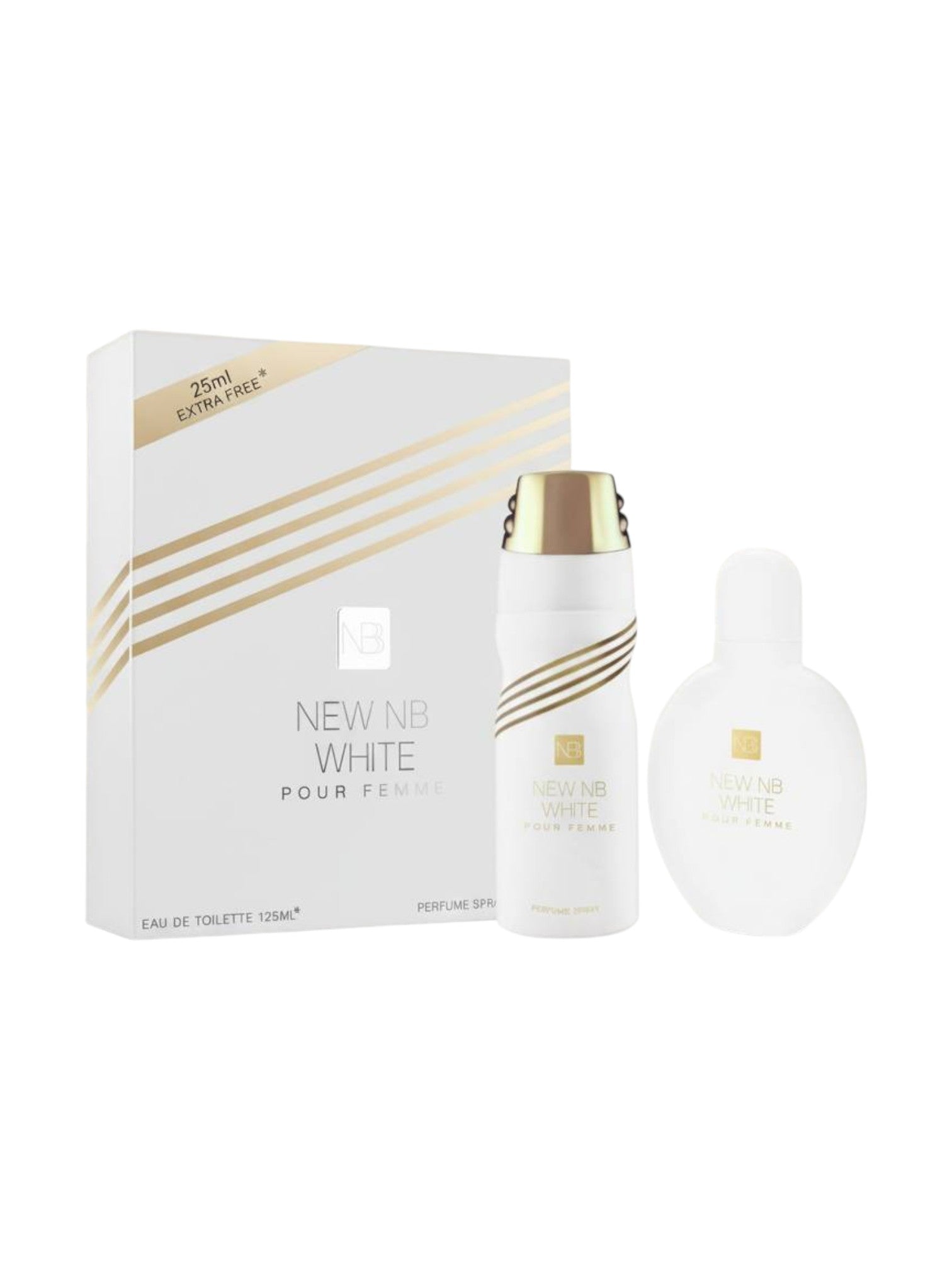 New NB White perfume set with bottle and packaging on a white background. NewNB, Monza Outlet, Monza Fashion, Shein Outlet