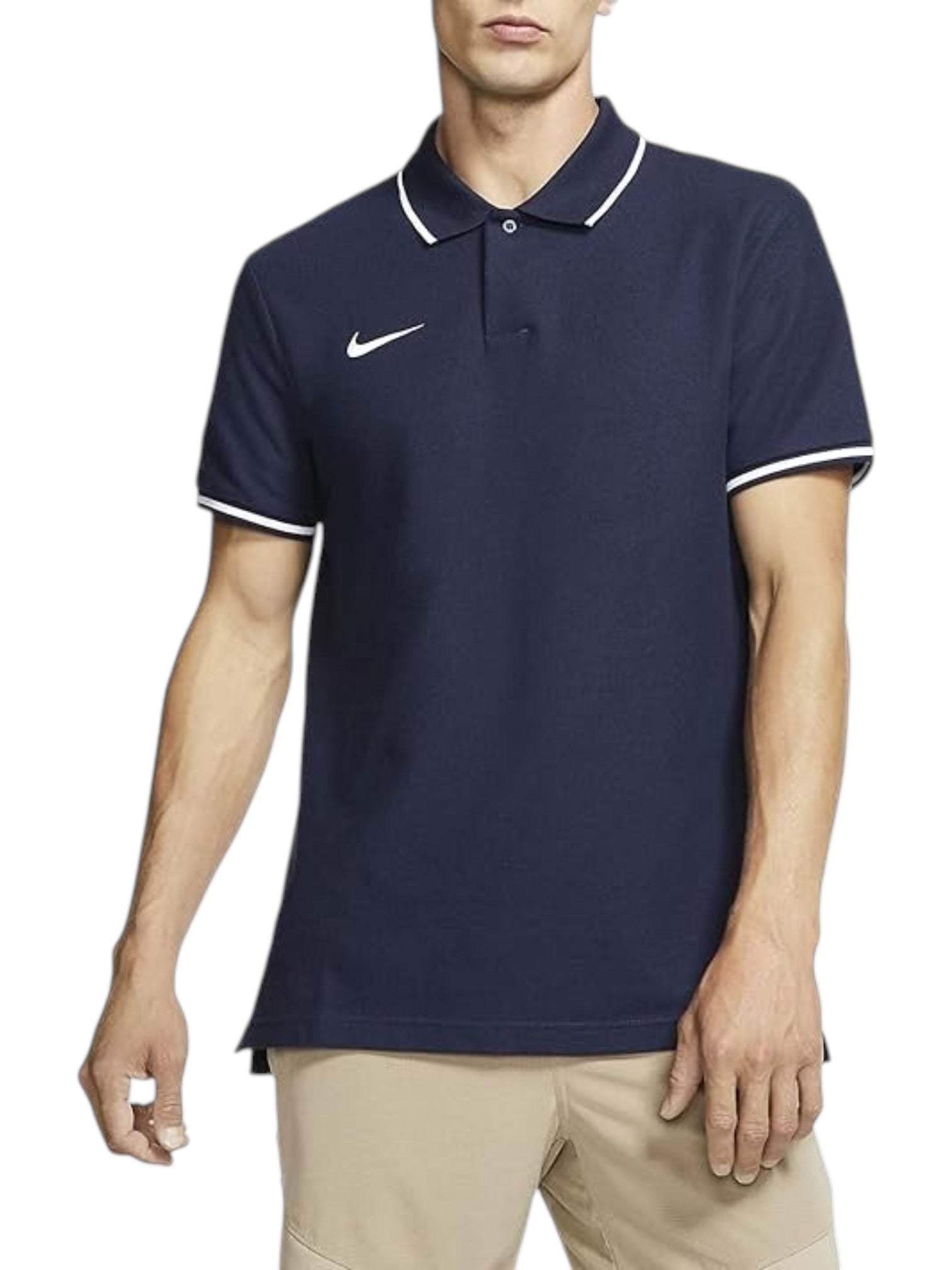 Man wearing a navy blue Nike polo shirt on a white background. Nike, Monza Outlet, Monza Fashion, Shein Outlet