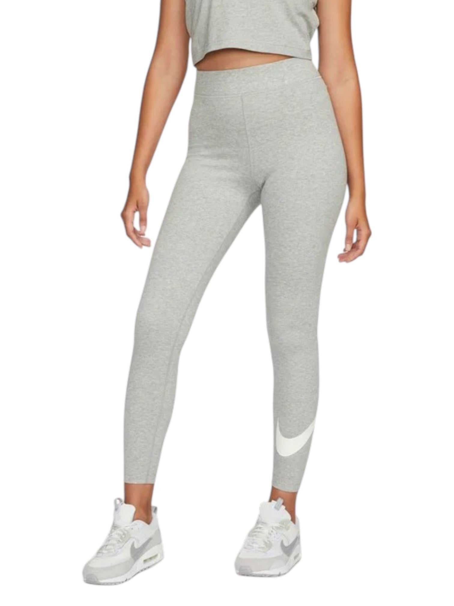 Person wearing gray leggings with a white logo on a white background. Nike, Monza Outlet, Monza Fashion, Shein Outlet