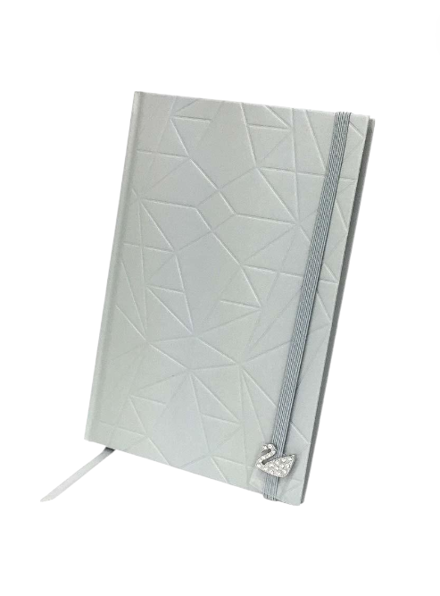 Quilted notebook with a swan design on a white background, Swarovski, Monza Outlet, Monza Fashion, Shein Outlet