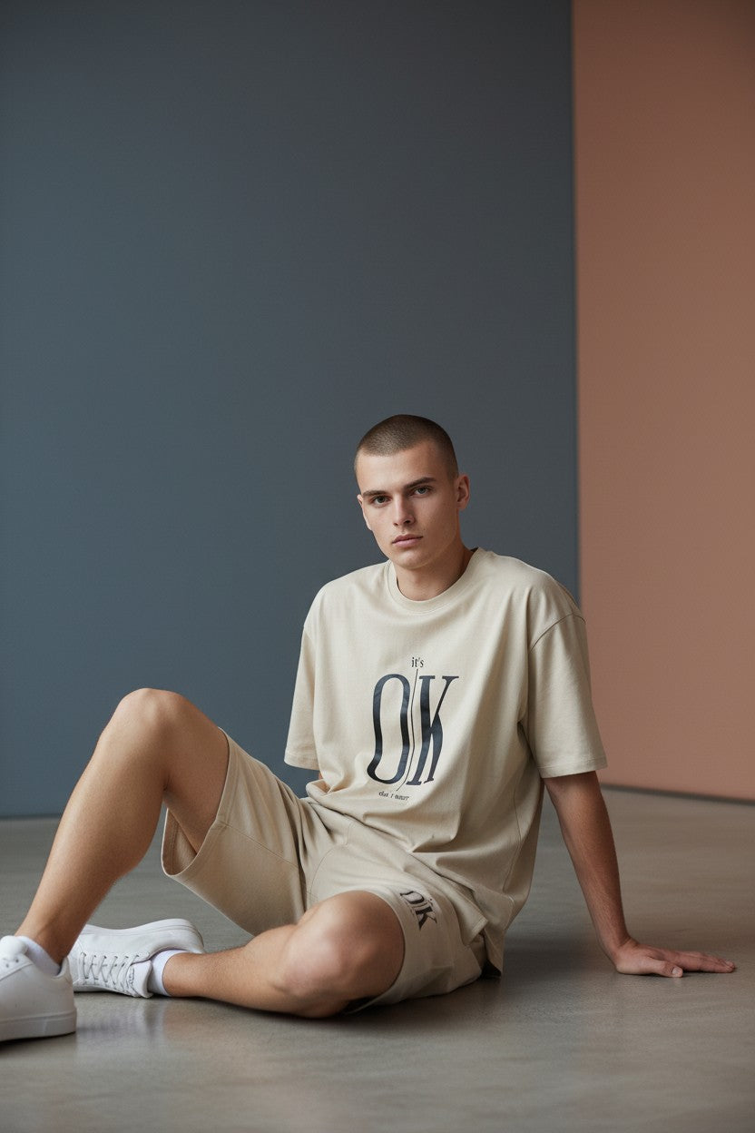 Person wearing a beige OK t-shirt sitting on the floor against a plain wall. Antler, Monza Outlet, Monza Fashion, Shein Outlet