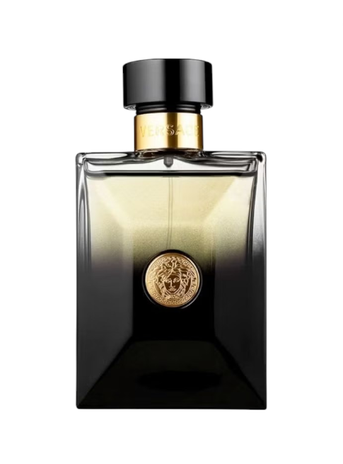 Perfume bottle with black and gold design on a white background