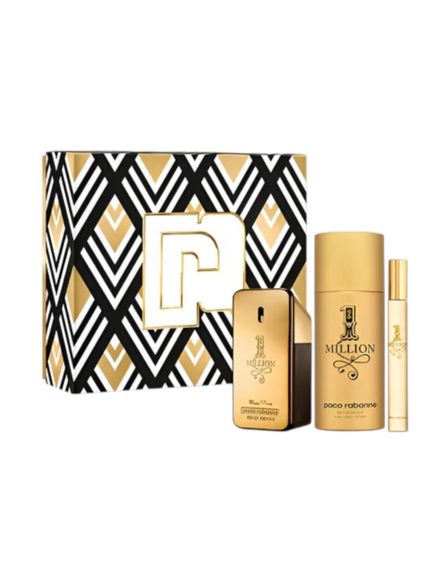 Paco Rabanne Million perfume set with geometric-patterned box on a white background. Paco Rabanne, Monza Outlet, Monza Fashion, Shein Outlet