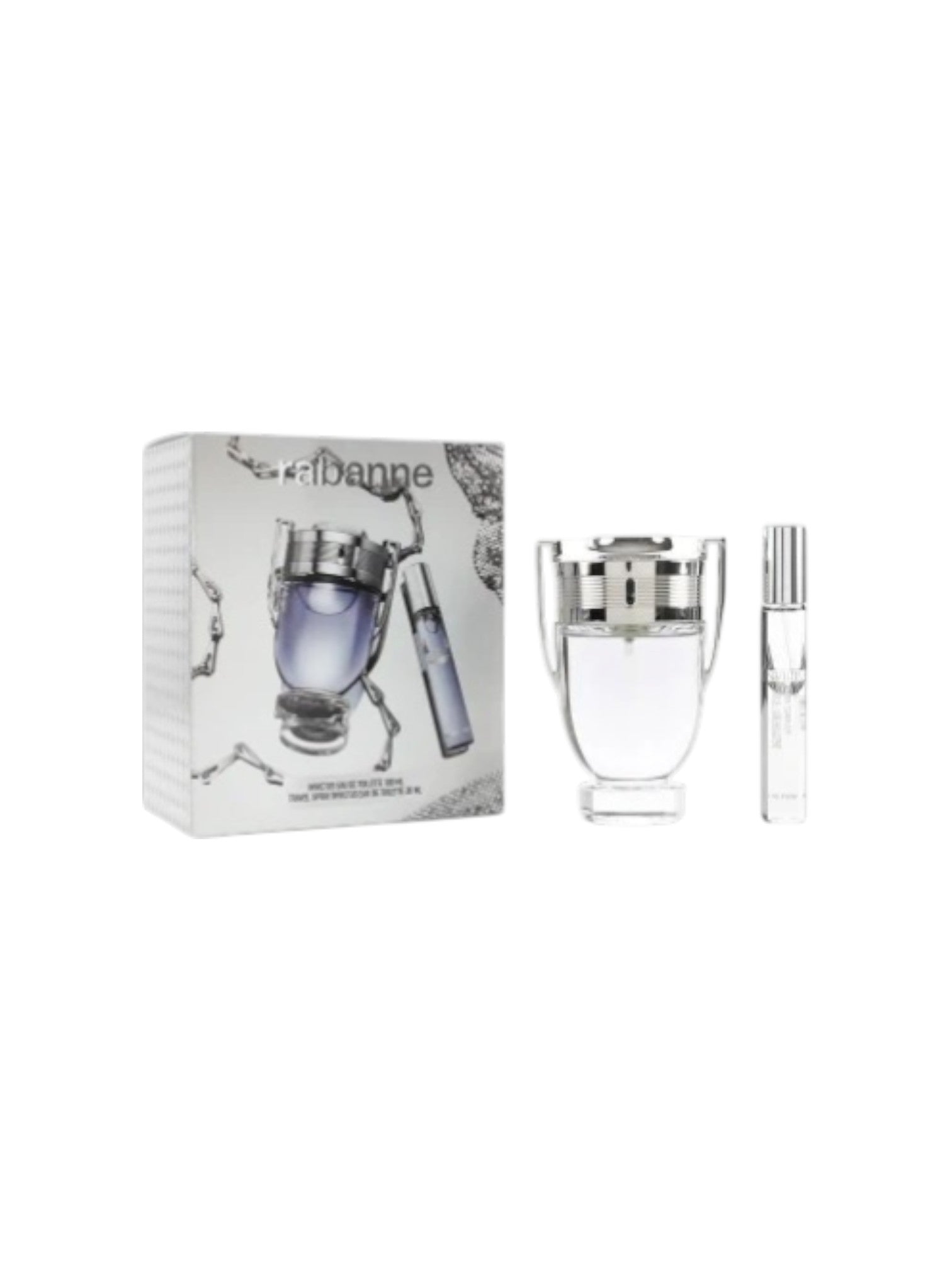 Perfume set with a bottle, smaller container, and packaging on a white background. Paco Rabanne, Monza Outlet, Monza Fashion, Shein Outlet
