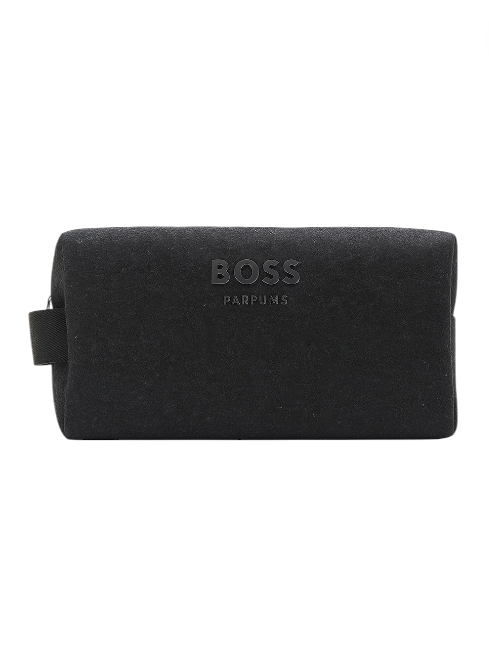 Black toiletry bag with 'BOSS' branding on a white background monza outlet, Shein outlet, monza fashion