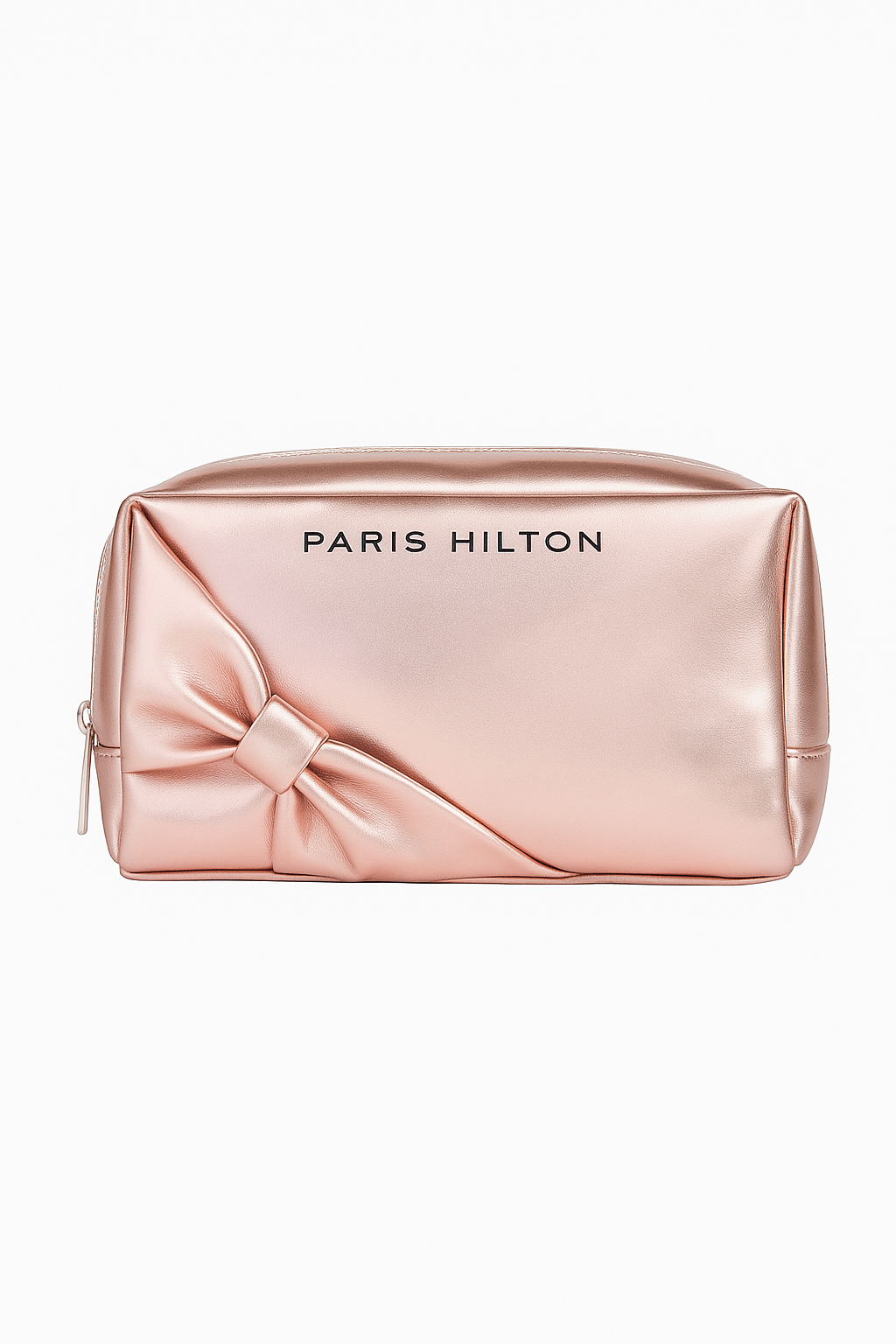Rose gold cosmetic bag with bow detail and Paris Hilton branding on a white background Paris Hilton Monza Outlet