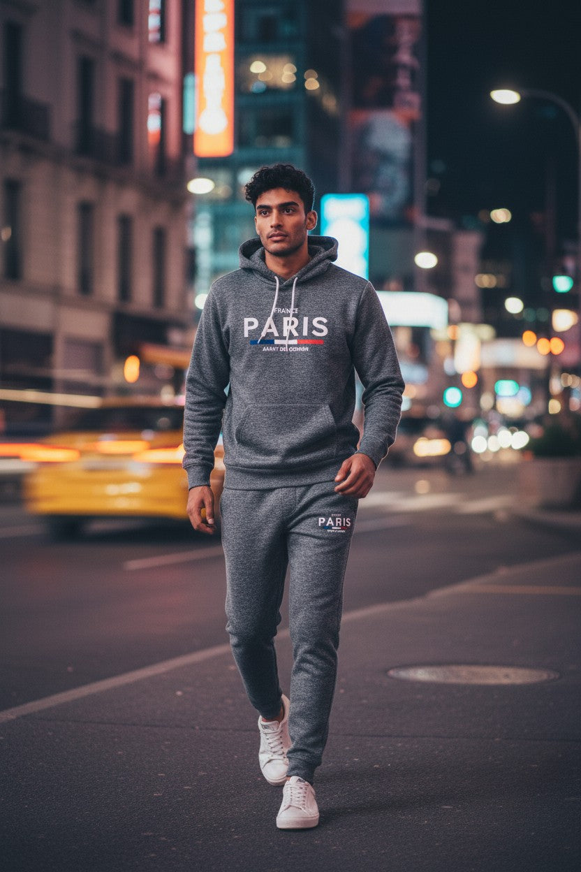 Man walking on a city street at night wearing a Paris hoodie and pants. Antler, Monza Outlet, Monza Fashion, Shein Outlet