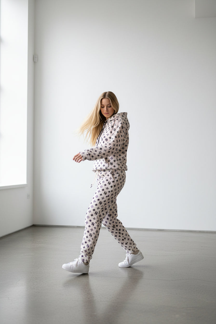 Woman wearing a polka dot hoodie and pants in a minimalistic room. Antler, Monza Outlet, Monza Fashion, Shein Outlet