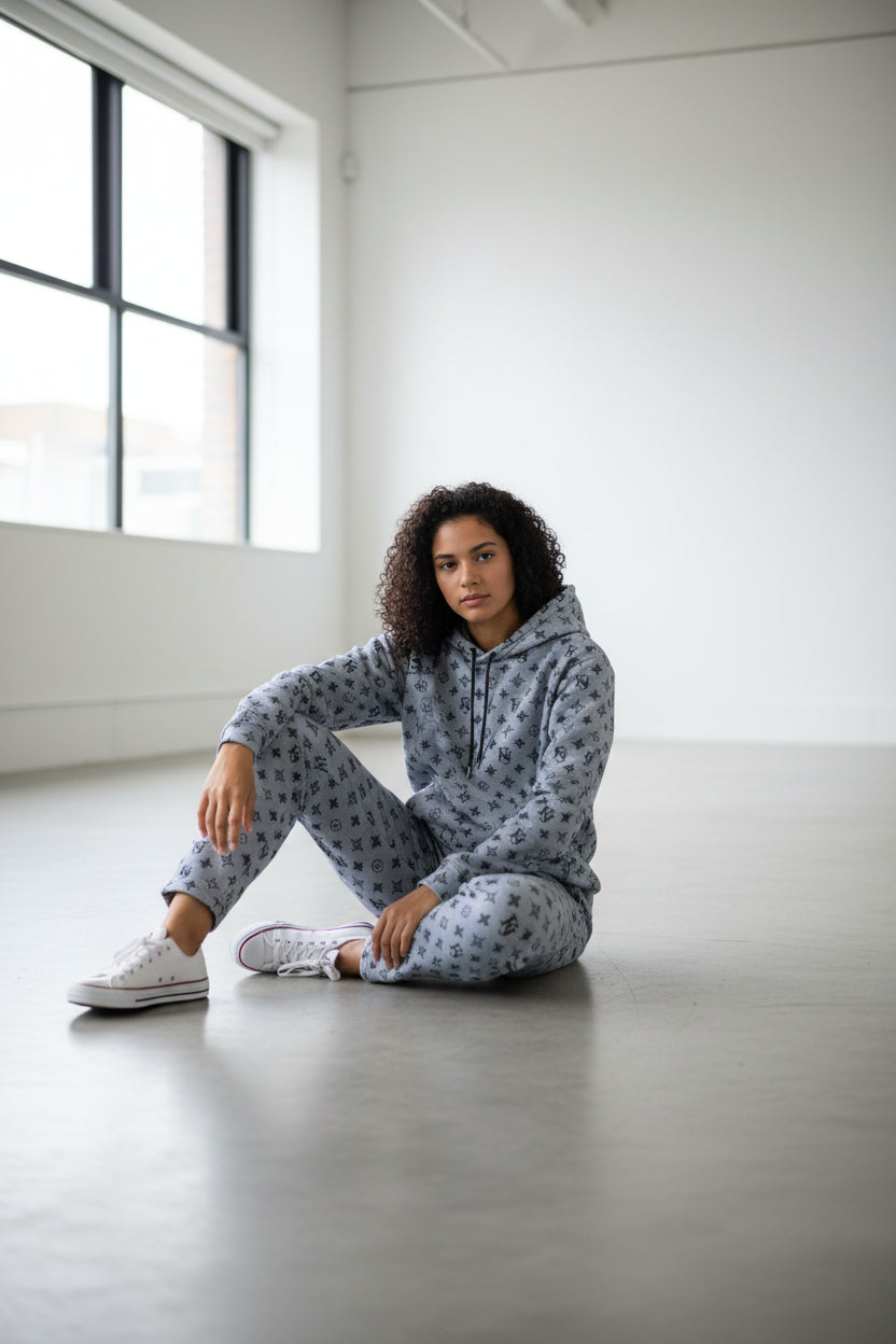 Person wearing a patterned hoodie and pants sitting on a floor in a bright room. Antler, Monza Outlet, Monza Fashion, Shein Outlet