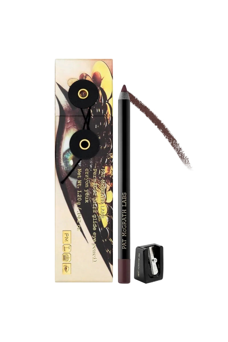 Pat McGrath Labs PermaGel Ultra Glide Eye Pencil shown with its packaging and a swatch of the brown colored pencil lead. Monza Outlet