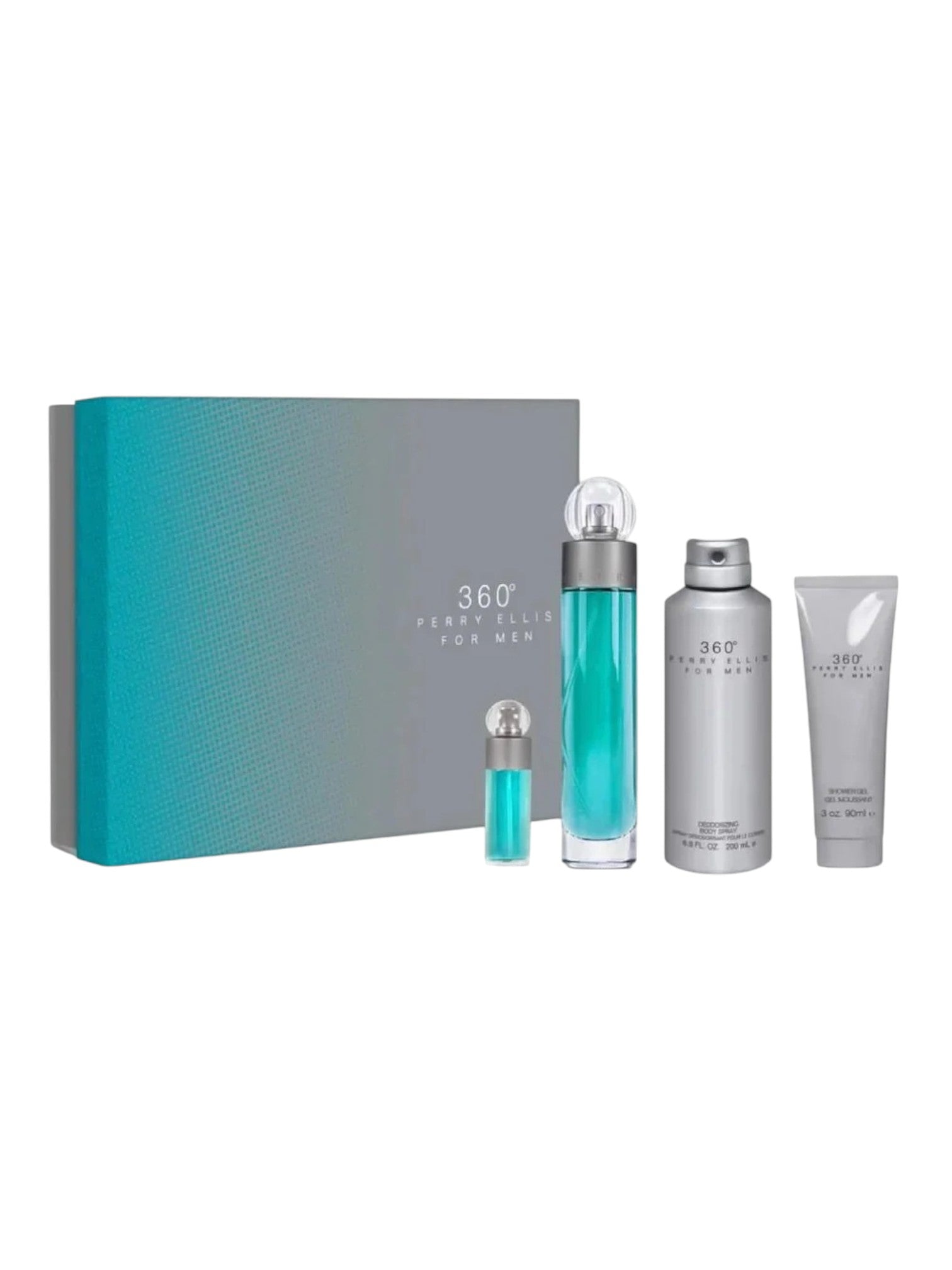 Set of perfume bottles and packaging with 360 branding on a white background. Perry Ellis, Monza Outlet, Monza Fashion, Shein Outlet