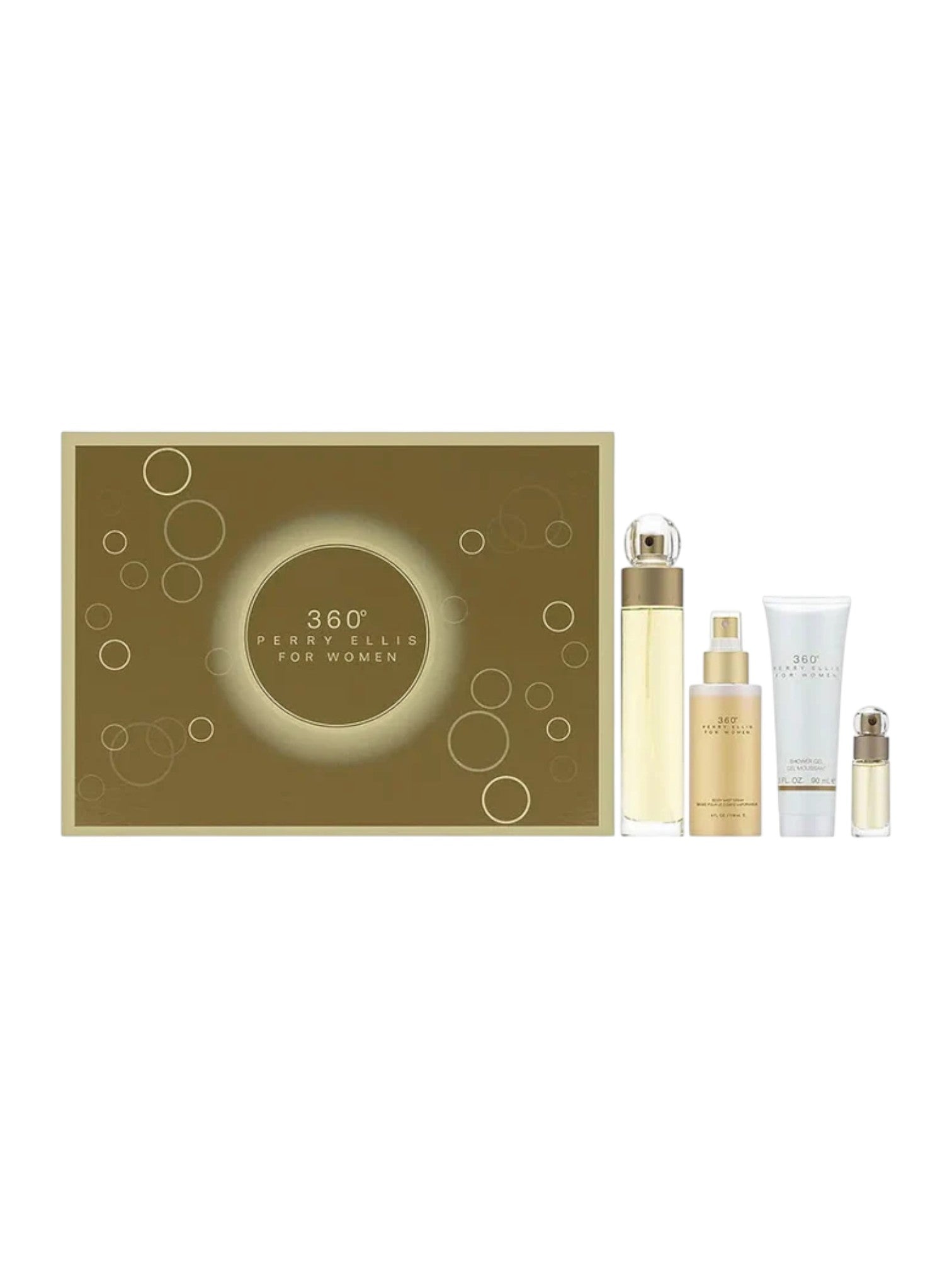 Perry Ellis women's fragrance set with a gold box on a white background. Perry Ellis, Monza Outlet, Monza Fashion, Shein Outlet