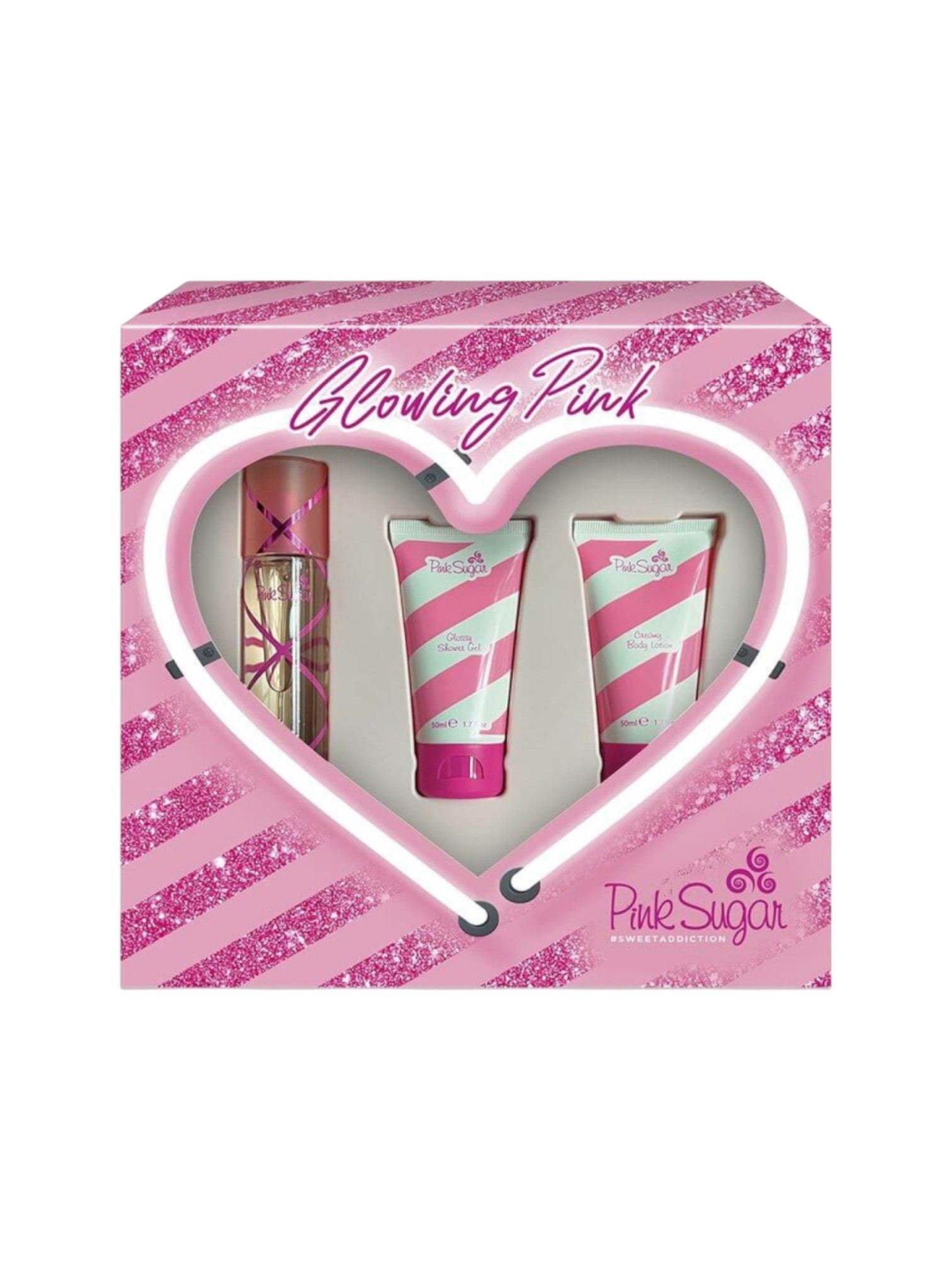 Pink-themed beauty set with heart-shaped packaging featuring 'Pink Sugar' branding. Pink Sugar Glowing, Monza Outlet, Monza Fashion, Shein Outlet