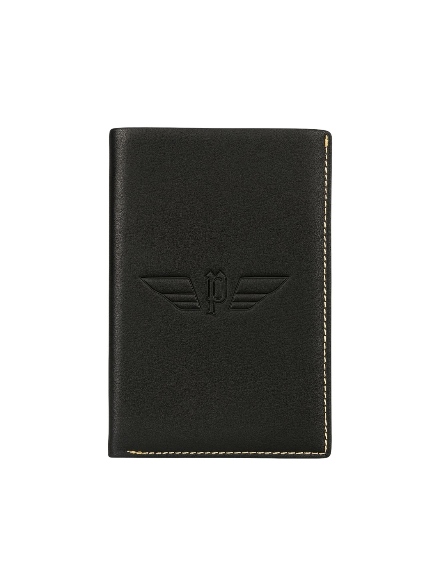 Black leather passport holder with a logo on a white background, Police, Monza Outlet, Monza Fashion, Shein Outlet