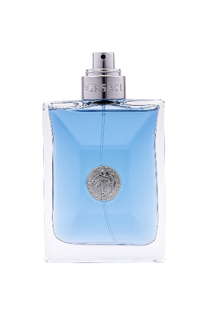 Perfume bottle with blue liquid and silver cap on a white background