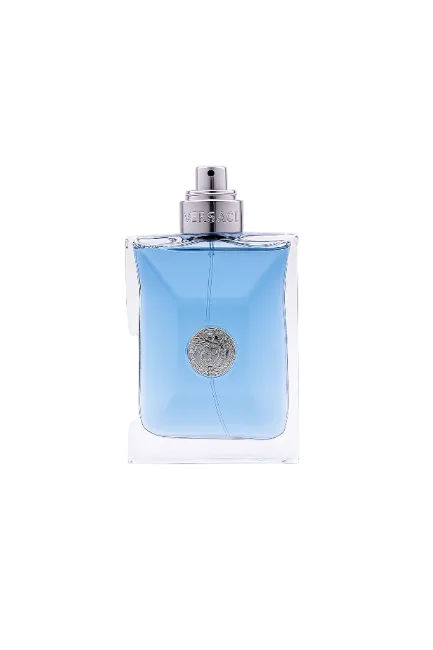 Perfume bottle with blue liquid and silver cap on a white background