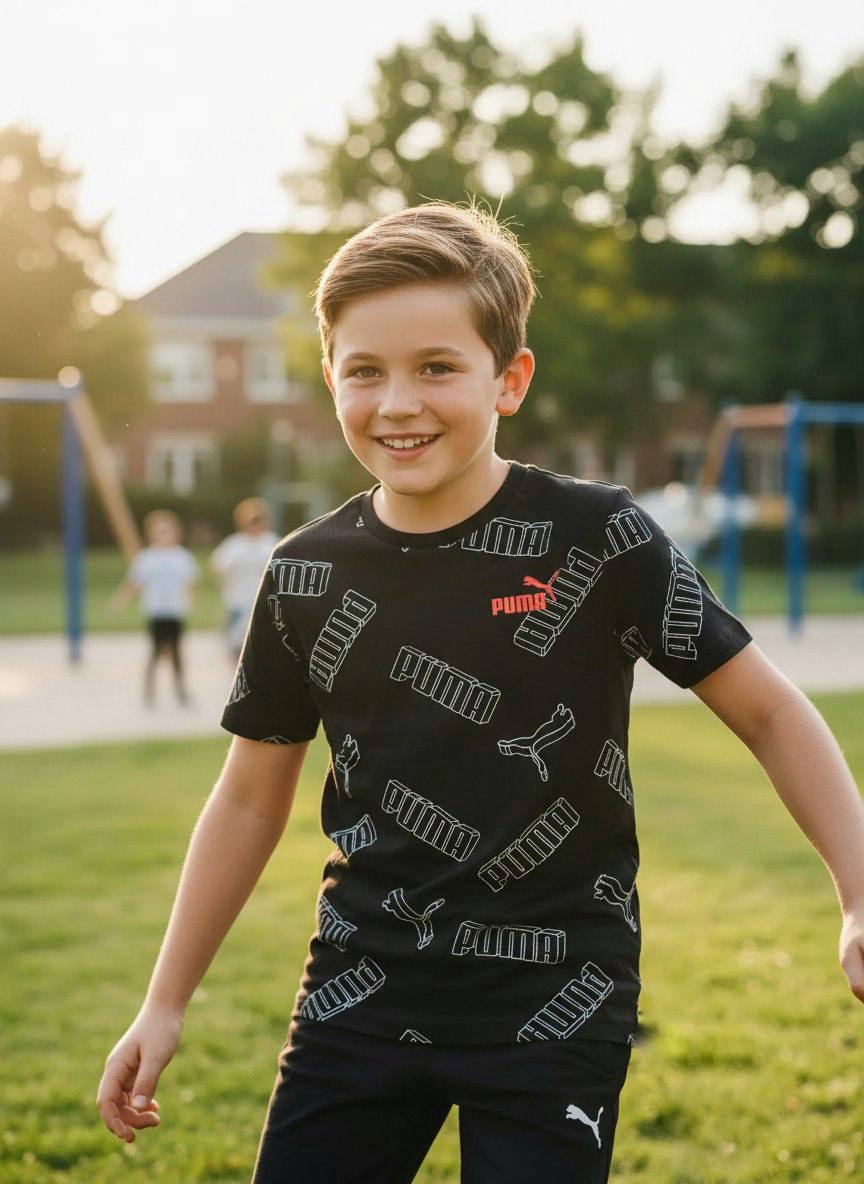 Child wearing a black Puma t-shirt on a playground. Puma, Monza Outlet, Monza Fashion, Shein Outlet