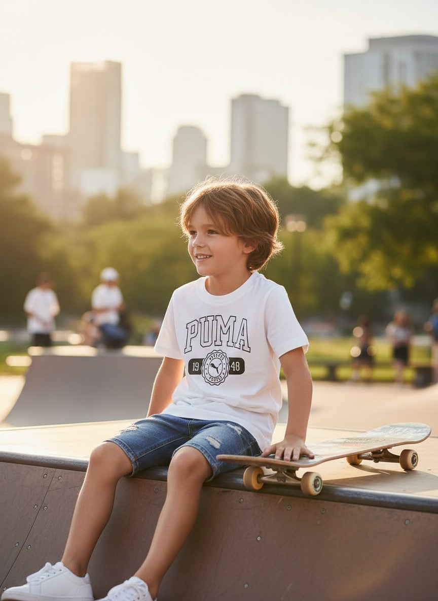 Child sitting on a ledge with a skateboard in an urban park setting. Puma, Monza Outlet, Monza Fashion, Shein Outlet
