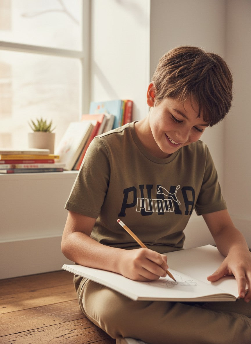 Child sitting on the floor writing in a notebook with a Puma shirt on, in a room with books and a plant. Puma, Monza Outlet, Monza Fashion, Shein Outlet