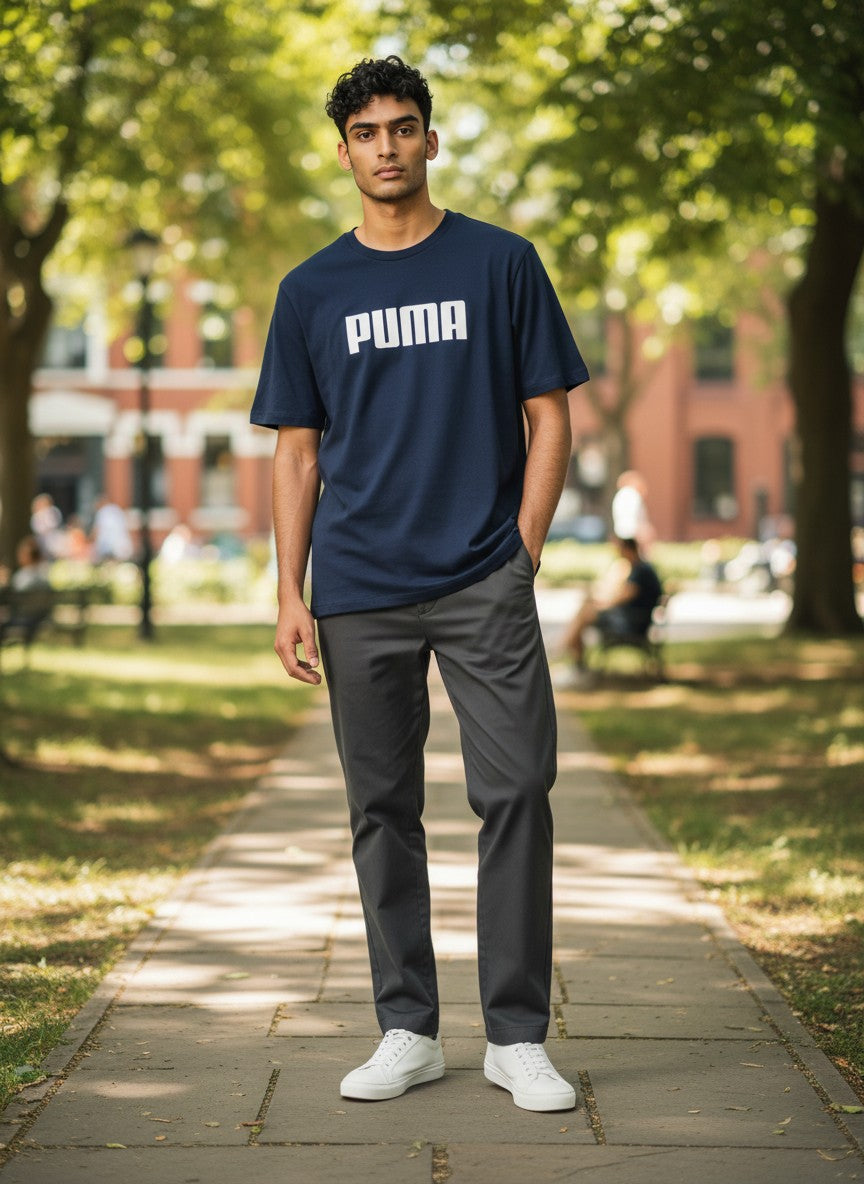 Man wearing a Puma t-shirt standing on a path with trees and buildings in the background. Puma, Monza Outlet, Monza Fashion, Shein Outlet